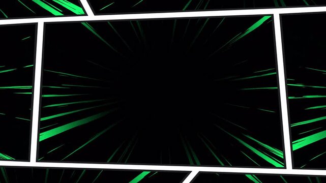 Abstract comic book frame transition with glowing green speed lines.