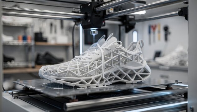 Medium shot of a 3D printer crafting lattice midsoles in a prototyping lab showcasing intricate design details in a hightech manufacturing process.