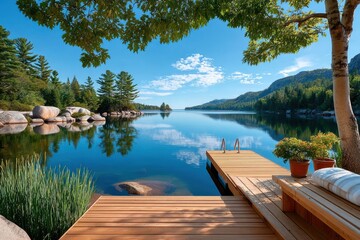 Obraz premium Tranquil lake with wooden dock, birch tree and mountain reflections on a clear summer day