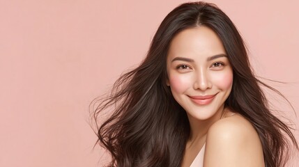 Fototapeta premium Beautiful young Asian woman with long flowing dark hair and glowing skin smiling against a soft pink studio background for beauty skincare