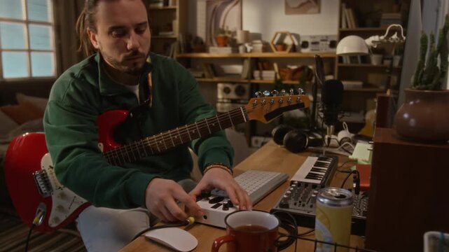 Young Caucasian male musician plugging cable into audio interface and tuning red electric guitar at home studio desk. Footage suitable for music production tutorials or creative freelancing campaigns