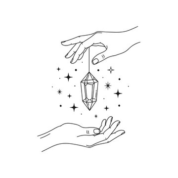 Minimalist line art illustration of hands holding a magical crystal with stars, mystical esoteric aesthetic, boho style vector drawing