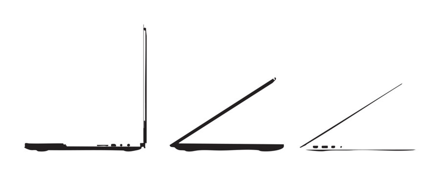 Minimalist black side view silhouettes of open laptop computers in different screen angle positions.