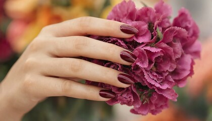 Fototapeta premium Woman's hand with maroon painted nails holding purple flowers bouquet beauty
