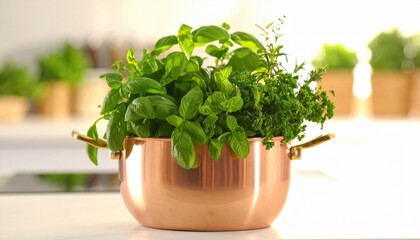 Fototapeta premium Fresh Culinary Herbs Abundant in a Gleaming Copper Pot for Kitchen Use