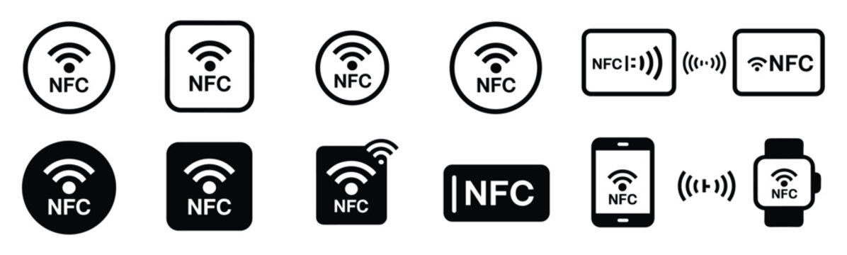 NFC Icons and Symbols: A collection of modern icons and symbols representing Near Field Communication technology, including contactless payment, mobile devices, and smartwatches.