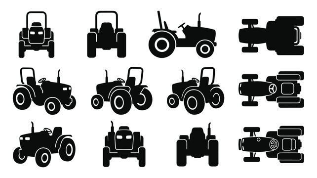Classic Compact Agricultural Tractor Silhouette Set &mdash; Farm Vehicle Vector Icons in Multiple Views Isolated
