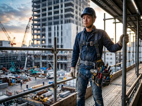 建設現場の足場に立つヘルメット姿の日本人男性作業員