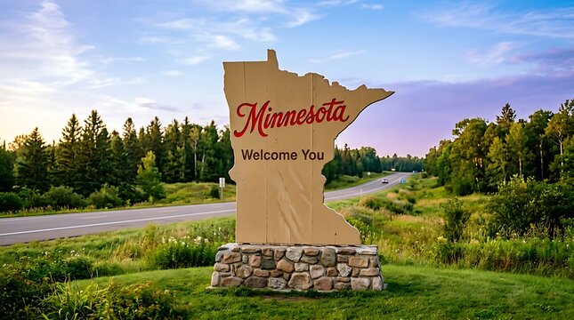 Welcome to minnesota state sign on a rural highway at sunset