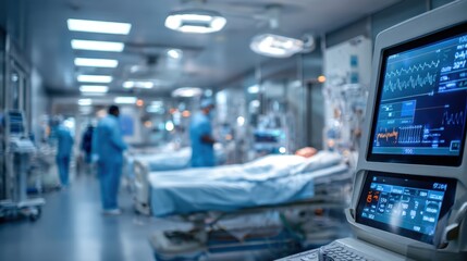 Advanced vital signs patient monitor displaying ecg and cardiac telemetry data in focus on a busy blurred intensive care unit ward background filled with medical staff working at a hospital