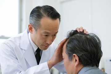 Fototapeta premium 男性医師が薄毛に悩む男性の頭皮を診察する風景