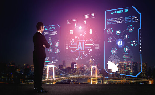 Businessman Analyzing Artificial Intelligence Data Insights at Night Overlooking Cityscape in Futuristic Environment Fluxor.
