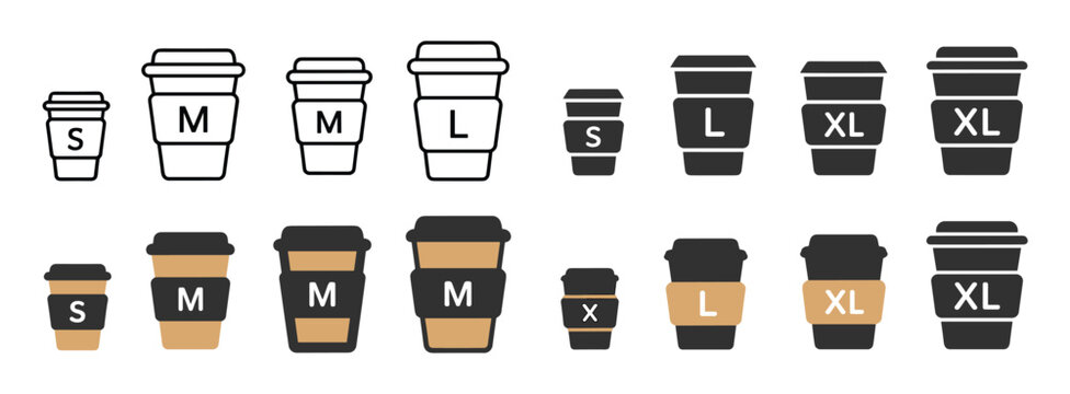 Coffee Cup Sizes: A collection of takeaway coffee cups in various sizes, from small to extra-large, presented in both outline and colored designs, with lids and insulating sleeves.