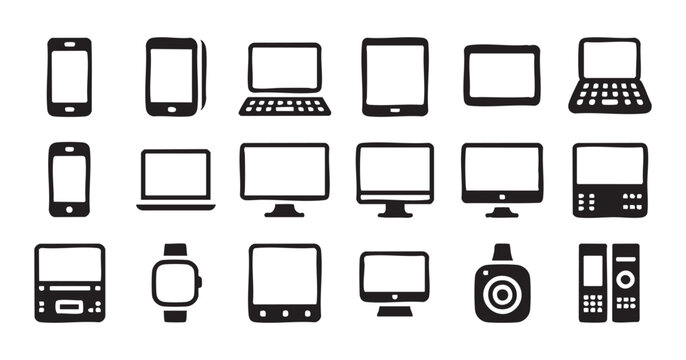 Digital electronic devices icon set including smartphone tablet laptop computer and wearable gadget.