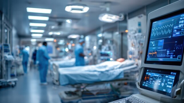 Advanced vital signs patient monitor displaying ecg and cardiac telemetry data in focus on a busy blurred intensive care unit ward background filled with medical staff working at a hospital