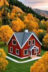 Fototapeta premium Red cottage surrounded by autumn forest on a tranquil hillside with winding path
