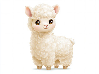 Obraz premium adorable cartoon alpaca with fluffy cream wool, large sparkling eyes, sweet smile, rounded body, smooth gradients, whimsical children’s illustration, commercial stock illustration quality, isolated