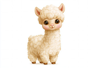 Obraz premium adorable cartoon alpaca with fluffy cream wool, large sparkling eyes, sweet smile, rounded body, smooth gradients, whimsical children’s illustration, commercial stock illustration quality, isolated