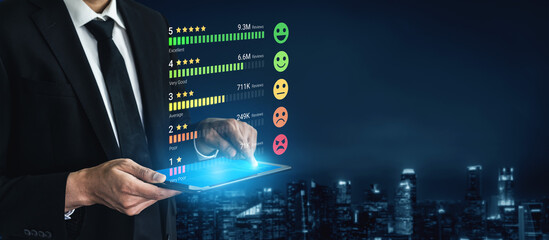 Obraz premium Businessman Evaluating Customer Feedback Using Digital Tablet with City Background and Rating Icons in Night Setting. Entropy.