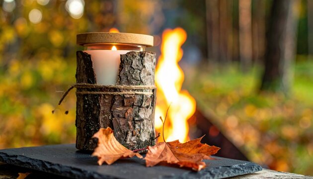 Artisanal scented candle in a rustic bark holder illuminated by gentle firelight amidst autumn foliage