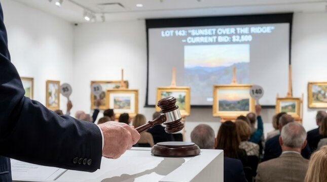 Exciting Art Auction Event Featuring Bidders and Auctions in Action with Stunning Paintings on Display and a Gavel Ready to Close the Deal