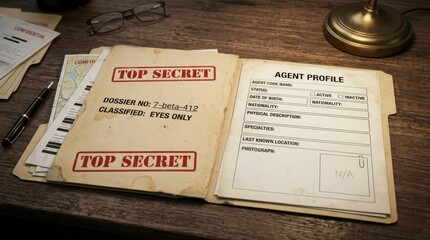 Naklejka premium Confidential Agent Profile Folder Showcasing Classified Information with a Focus on Top Secret Dossier and Relevant Documents on a Wooden Desk