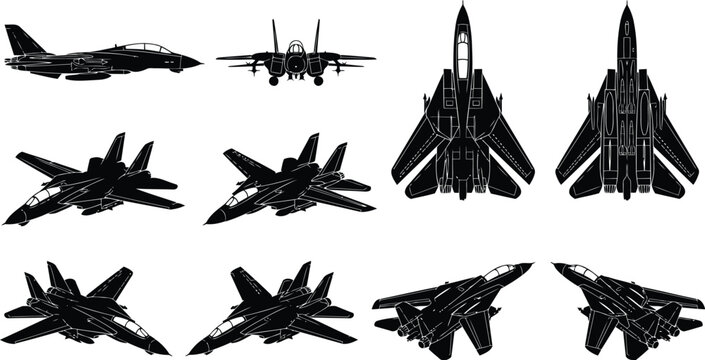 F-14 Tomcat Fighter Jet Aircraft Silhouette Vector Set