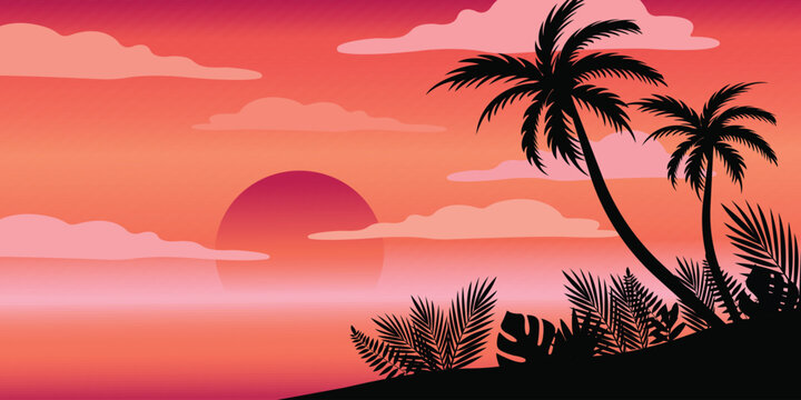 Tropical sunset beach landscape with palm trees silhouette tropical landscape vacation paradise relaxing background twilight beautiful peaceful majestic colorful picturesque