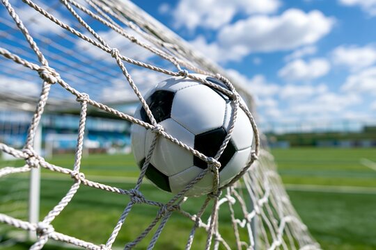 ゴールネットに突き刺さるサッカーボール晴れた日のグラウンド