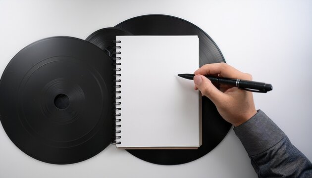 hand holding a black pen poised to write on a blank white page of a discbound notebook with black plastic discs on a white surface