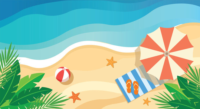 Top view beach scene with umbrella and tropical leaves umbrella tropical vacation flipflops starfish paradise coastline relaxation lifestyle recreation refreshing colorful