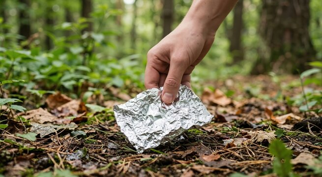 Hand picking up crumpled aluminum foil wrapper from the forest floor. Environmental conservation and nature cleanup concept