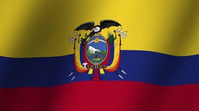 Ecuador Flag Waving: A vibrant Ecuadorian flag with its iconic golden, blue, and red stripes and coat of arms waves majestically in the wind, symbolizing national pride and heritage.