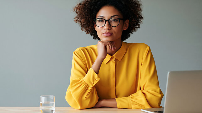 Portrait of a dreamy African American businesswoman sitting at a desk and thinking while working on a laptop, contemplative remote work concept, with copy space