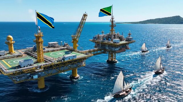 Offshore oil platform with tanzania flags and traditional dhow boats sailing in tropical ocean waters