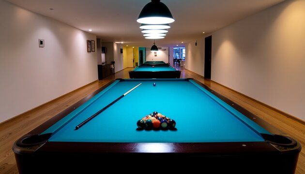 Interior of a pool room with a row of billiard tables under hanging lamps
