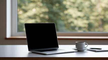Fototapeta premium Modern laptop beside a coffee cup and notepad on a bright desk, remote work or business startup concept, with copy space