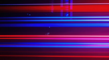 Fototapeta premium Abstract background with horizontal lines of bright red, blue, and pink light. Geometric shapes and patterns create a futuristic, energetic feel. Dark background enhances neon glow.