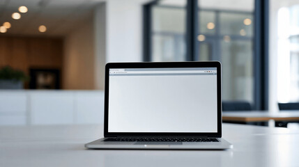 Fototapeta premium Laptop on a coworking workplace with a remote work interface, digital workspace and modern professional environment concept, with copy space