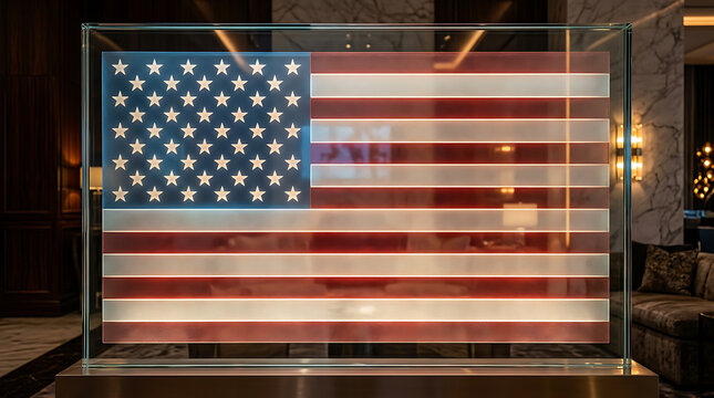 American flag depicted through a transparent glass display case provides a sharp and sophisticated focal point for corporate interior design projects that require a modern sense of nationalistic.