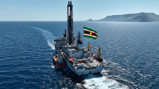 Offshore oil drilling ship sailing at sea with suriname flag industrial energy exploration and maritime logistics