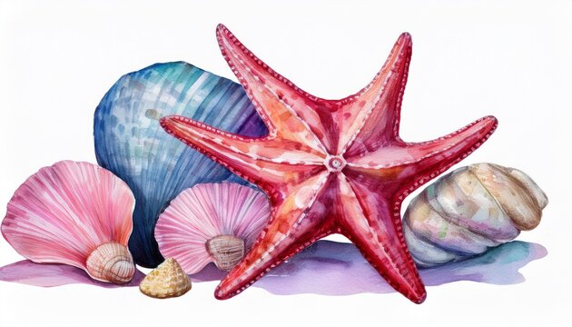 watercolor isolated object sea shells starfish