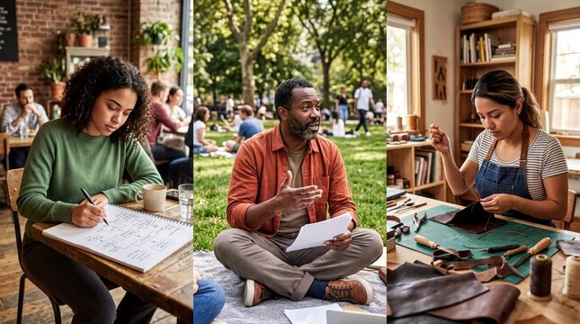 remote work trends, a split-screen features diverse people engaging in coding, teaching, and crafting