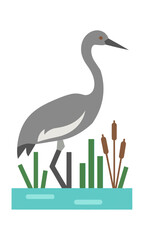 Obraz premium Minimalist side view of a grey crane standing in a shallow pond with stylized reeds and cattails on a white background nature and wildlife concept
