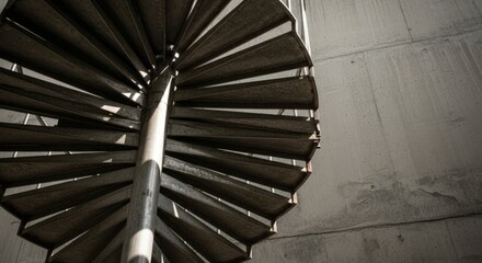 Naklejka premium Spiral Steel Staircase Against Gritty Concrete Wall: Architectural Contrast with Copy Space
