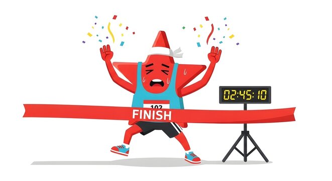 Excited red star character crossing the finish line after completing a challenging long distance race marathon