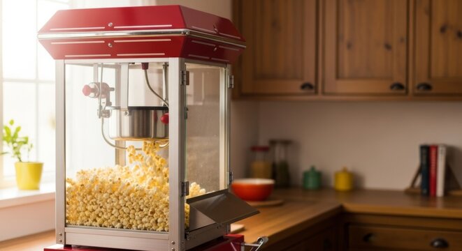 Vintage red popcorn machine popping fresh corn in a warm, inviting kitchen with natural light streaming in.