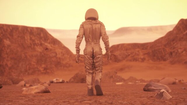 Lone Astronaut Walking Across Cinematic Orange Martian Desert Landscape