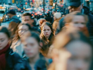 Fototapeta premium Young woman standing still, crowded city street, motion blur, isolation, urban loneliness