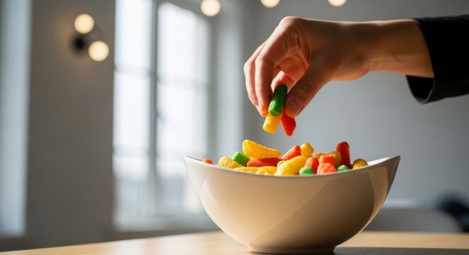 Hand selecting vibrant, multi-colored corn puff snacks from a modern white bowl, bathed in soft window light with ample copy space.